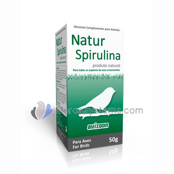 Spirulina para canarios: Avizoon Natur Spirulina 50 gr, (contiene un 60% de proteínas, vitaminas y aminoácidos). Para pájaros